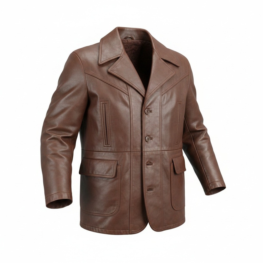 Vintage The Leather Shop Mens M Brown Leather Car Coat Faux Fur Lined Western